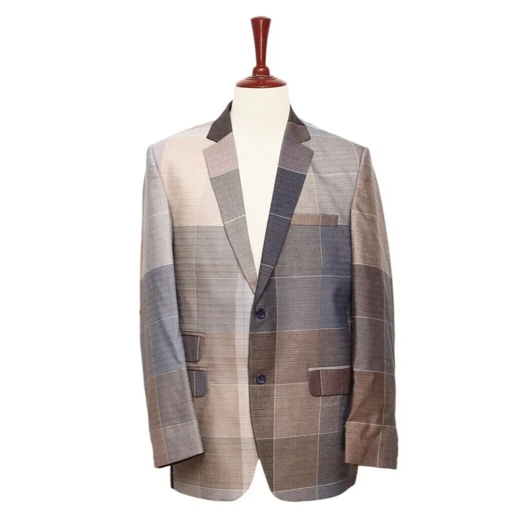 Mens Blazer Colorblock Patchwork Beige Brown Party Jacket Wedding Sport Coat 42R
